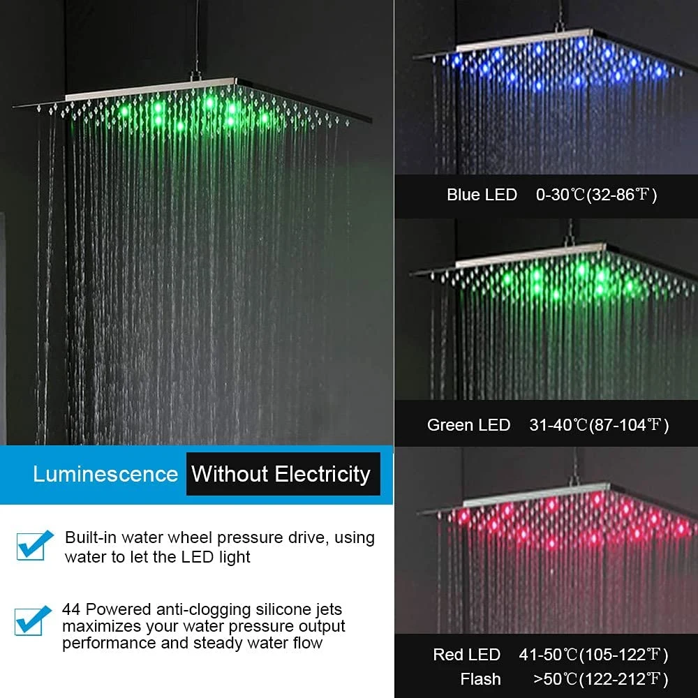 Ceiling Shower Head System - 12 Inch LED Square Rain Shower Head with Handheld Spray and Body Multi Jets Rainfall Combo Set - Thermostatic Valve