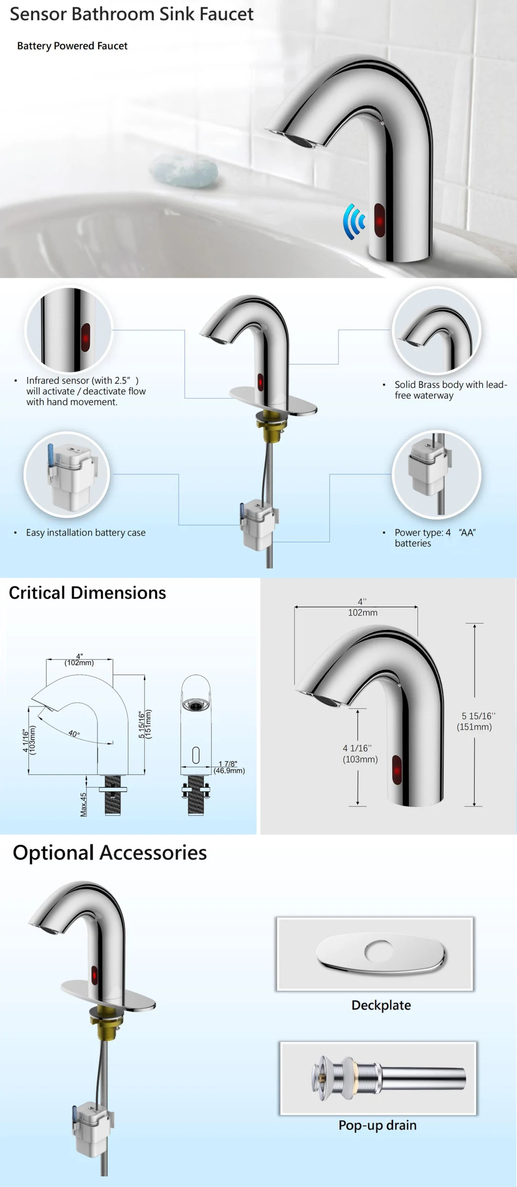 Automatic Sensor Touchless Chrome Bathroom Sink Faucet with Control Box and Temperature Mixer