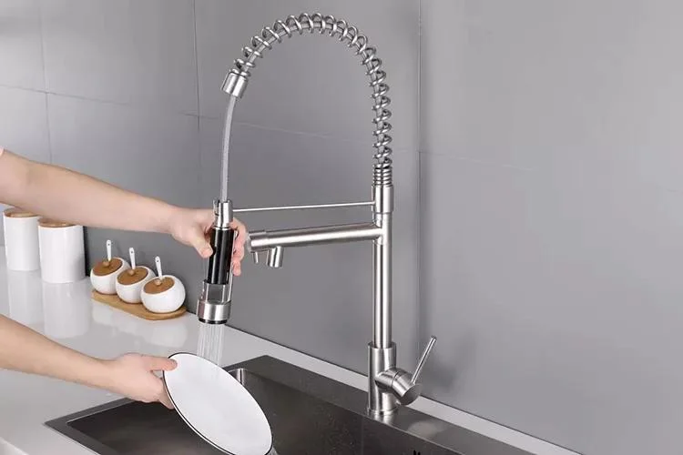 Sanipro Dual Sprayer Mixer Taps Brushed Nickel 360 Degree Swivel Spout Kitchen Sink Faucet Spring Pull out Tap