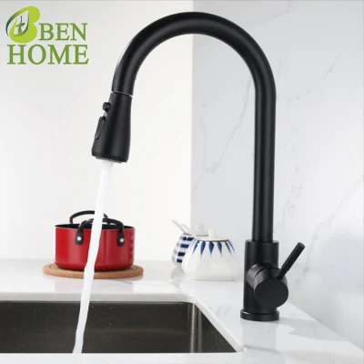 304 Stainless Steel Pull out Kitchen Faucet Luxury with Water Stop Button Mixer Faucet Black Matte