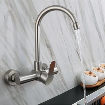 304 Stainless Steel Single Handle Brushed Double Hole Wall Mounted Hot and Cold Kitchen Faucet for Sink