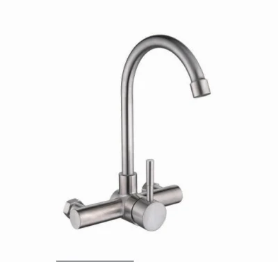 Sairi Double Holes 304 Stainless Steel Single Handle Hot and Cold Water Mixer Tap Wall Mounted Kitchen Faucet